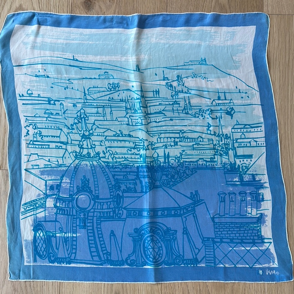 Vintage Vera Neumann Blue Scenic Skyline Silk Scarf